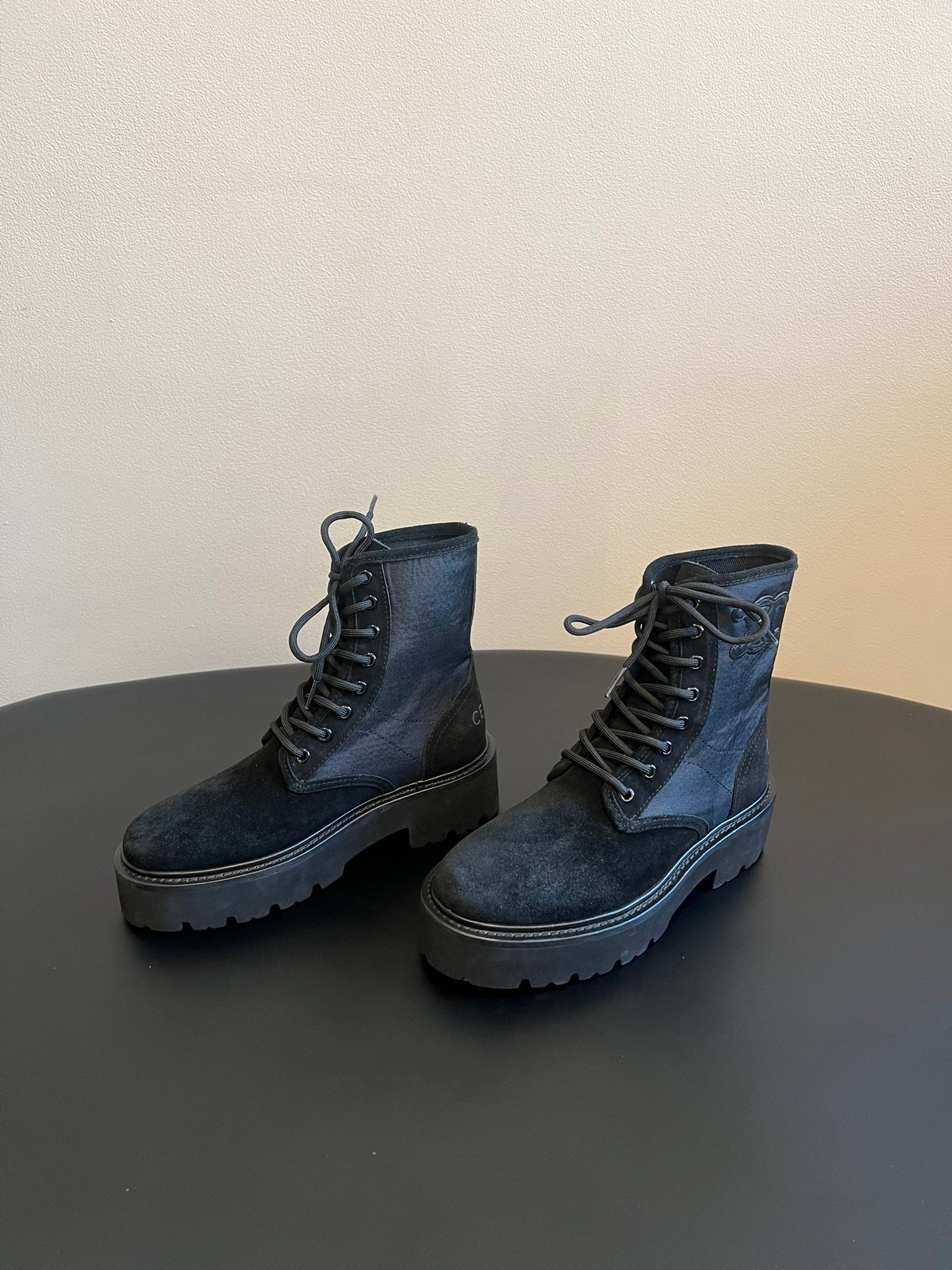 CELINE 26S MARGARET COMBAT BOOT 45 MM IN BLACK CANVAS AND SUEDE