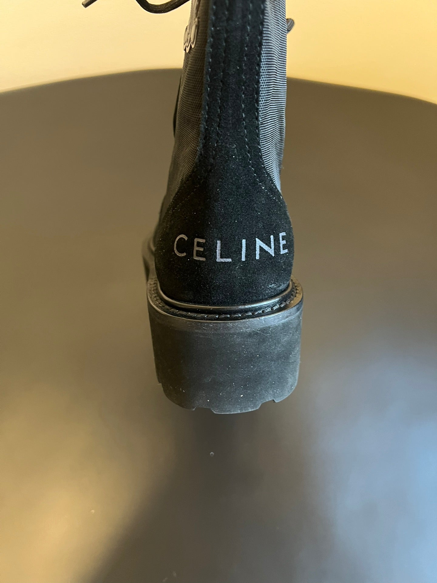 CELINE 26S MARGARET COMBAT BOOT 45 MM IN BLACK CANVAS AND SUEDE