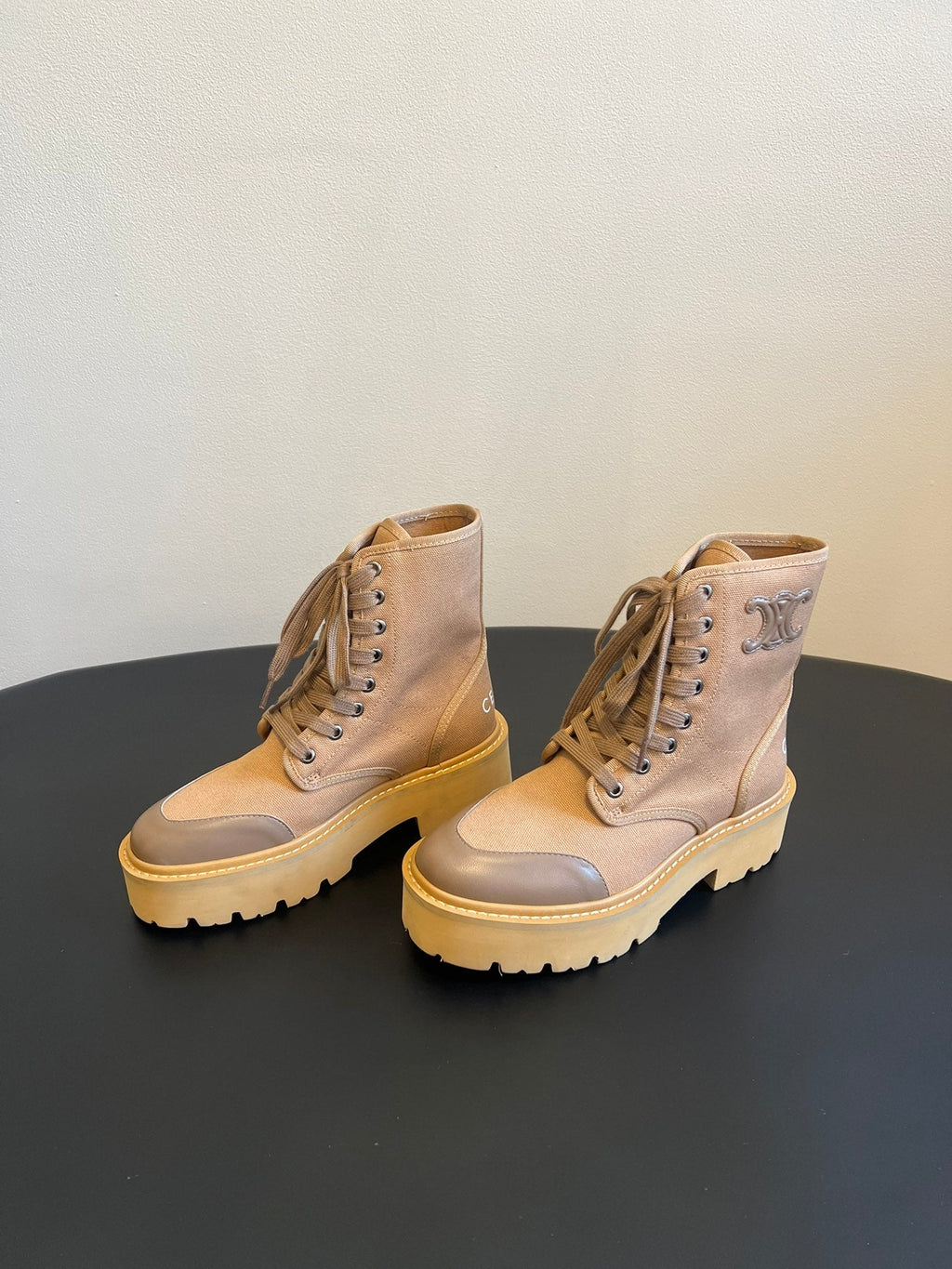 CELINE 26S BULKY LACE-UP BOOTS 45 MM IN SAND BEIGE CANVAS AND CALFSKIN