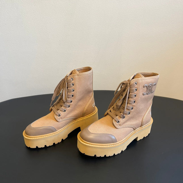 CELINE 26S BULKY LACE-UP BOOTS 45 MM IN SAND BEIGE CANVAS AND CALFSKIN