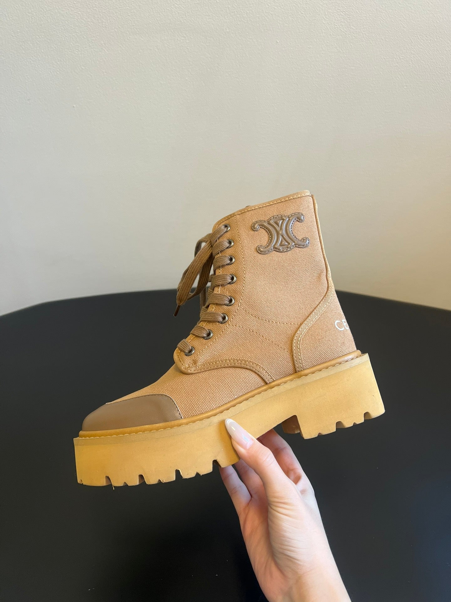 CELINE 26S BULKY LACE-UP BOOTS 45 MM IN SAND BEIGE CANVAS AND CALFSKIN