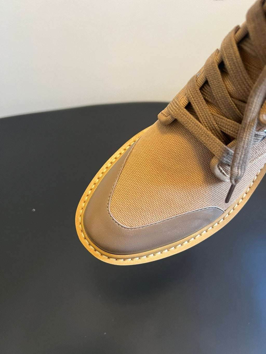 CELINE 26S BULKY LACE-UP BOOTS 45 MM IN SAND BEIGE CANVAS AND CALFSKIN