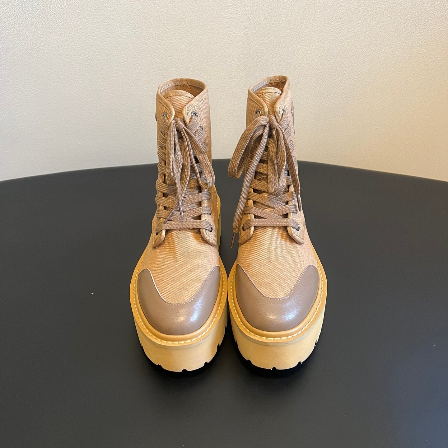 CELINE 26S BULKY LACE-UP BOOTS 45 MM IN SAND BEIGE CANVAS AND CALFSKIN
