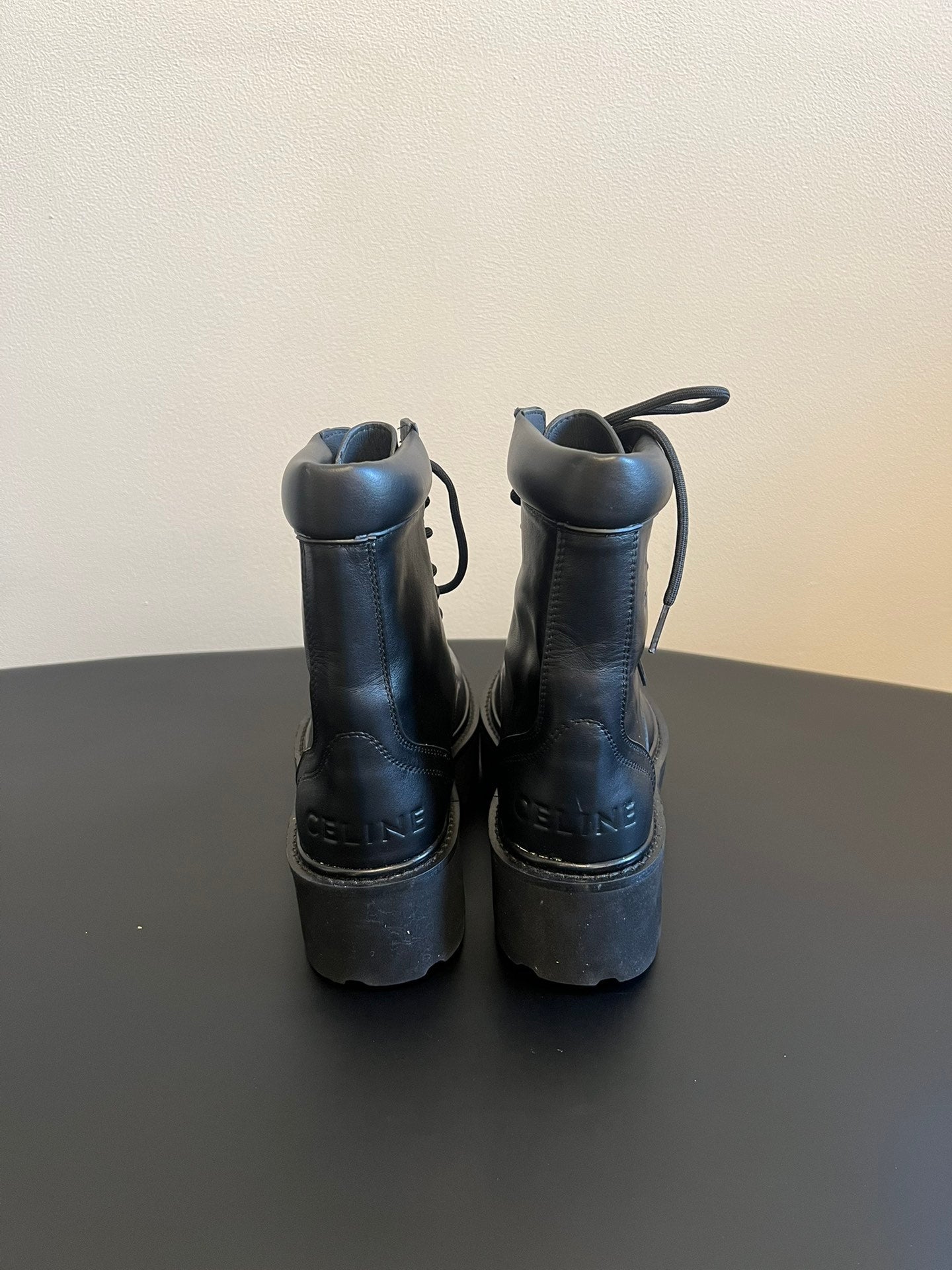 CELINE 26S MARGARET COMBAT BOOT 45 MM IN BLACK CALFSKIN
