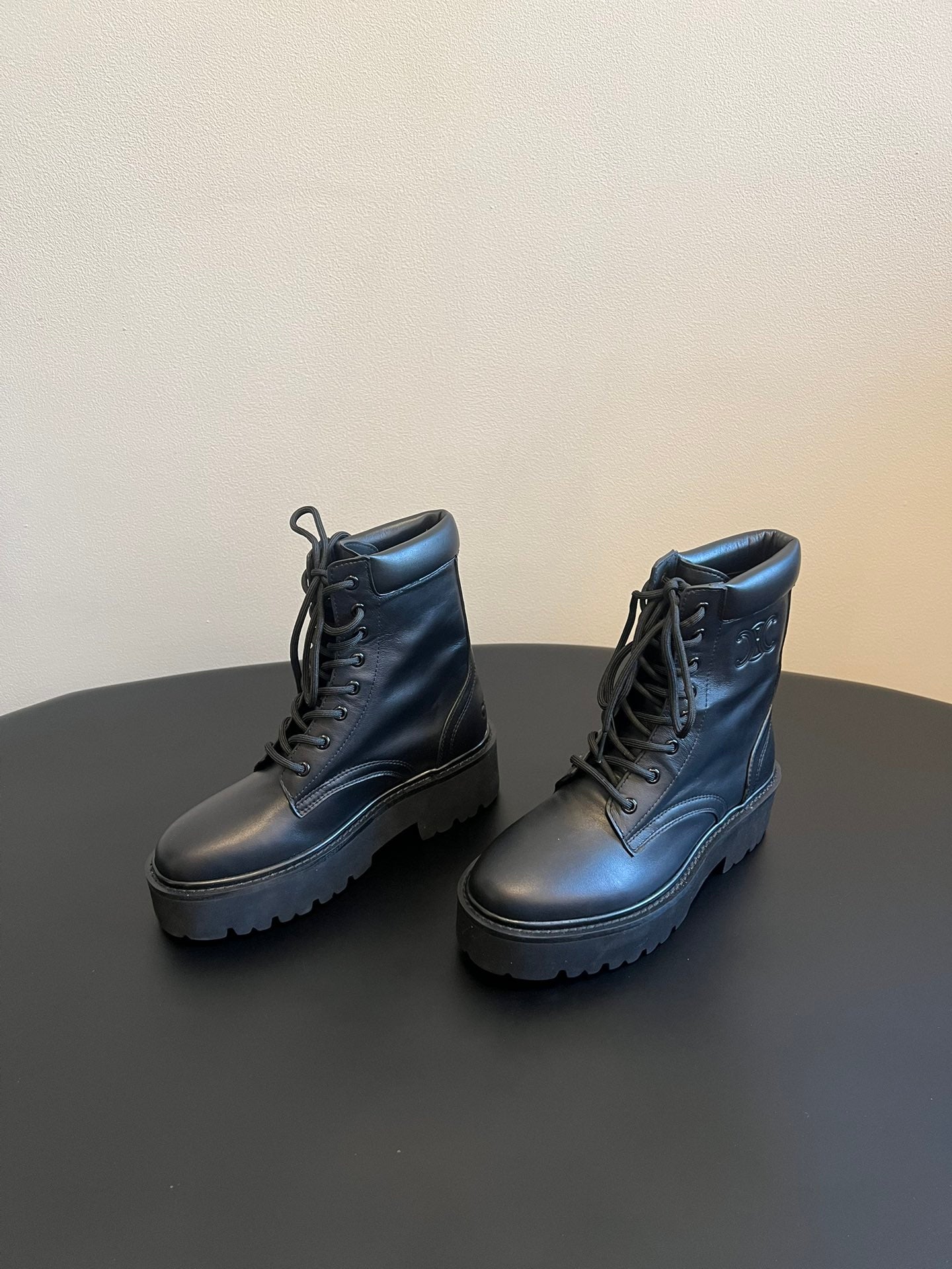 CELINE 26S MARGARET COMBAT BOOT 45 MM IN BLACK CALFSKIN