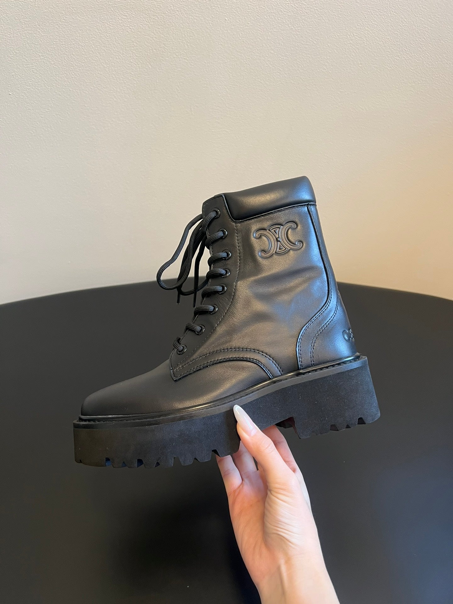 CELINE 26S MARGARET COMBAT BOOT 45 MM IN BLACK CALFSKIN