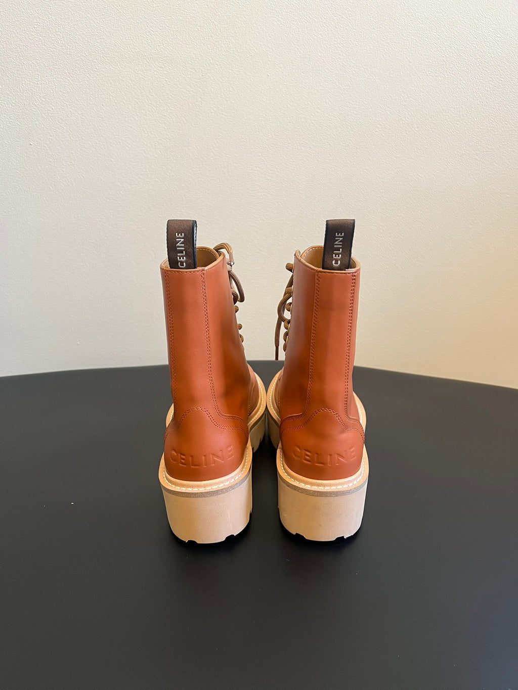 CELINE 26S MARGARET COMBAT BOOT 45 MM IN BURNT ORANGE CALFSKIN