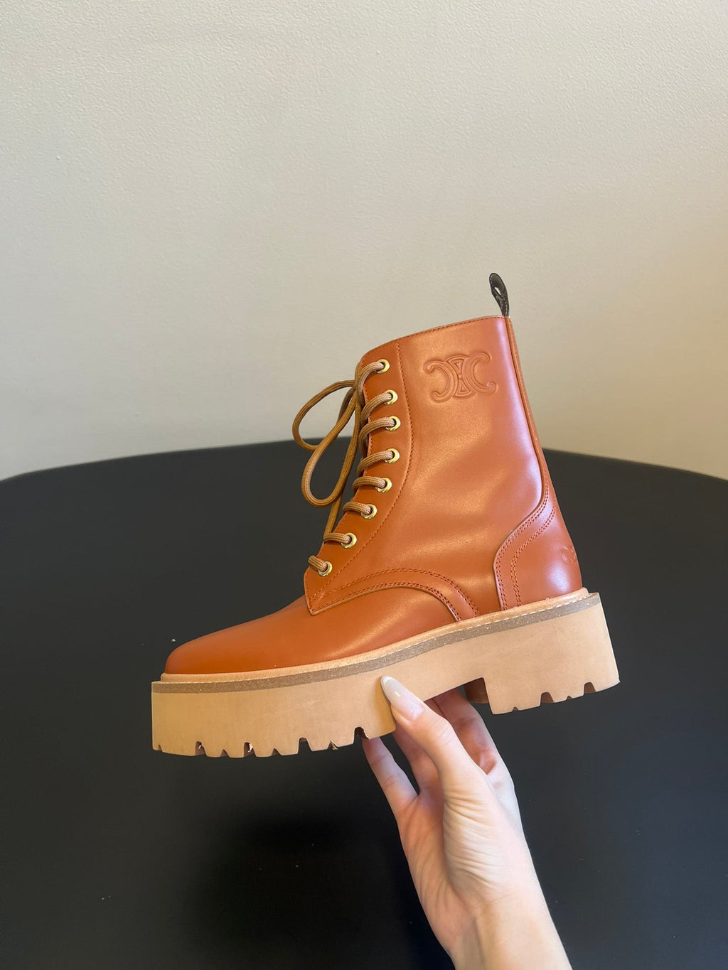 CELINE 26S MARGARET COMBAT BOOT 45 MM IN BURNT ORANGE CALFSKIN