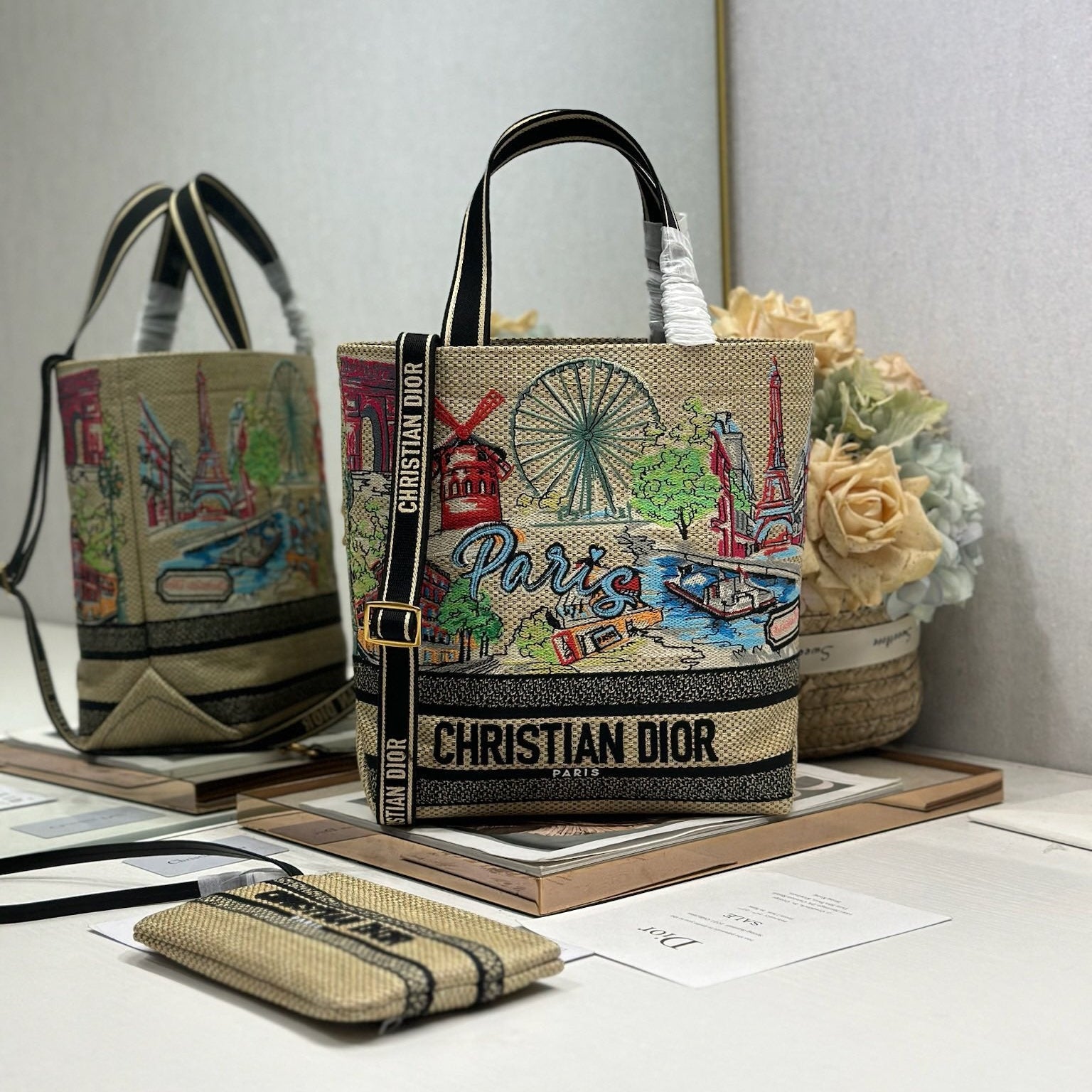 DIOR 26S BOOK TOTE BAG 25 IN MUTICOLOR RAFFIA STYLE 1