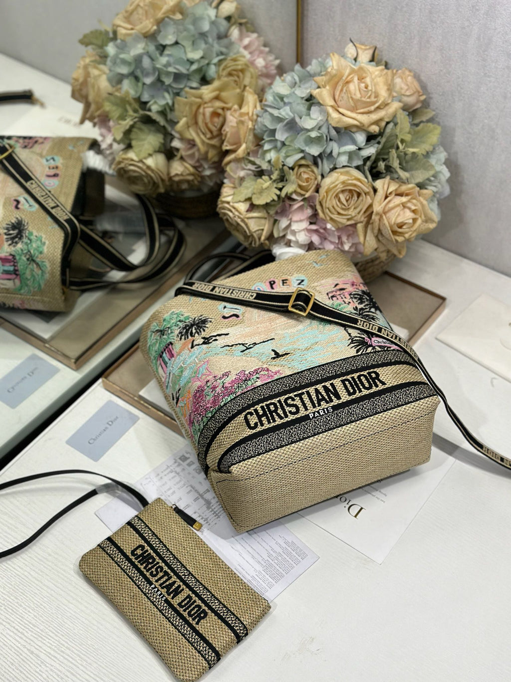 DIOR 26S BOOK TOTE BAG 25 IN MUTICOLOR RAFFIA