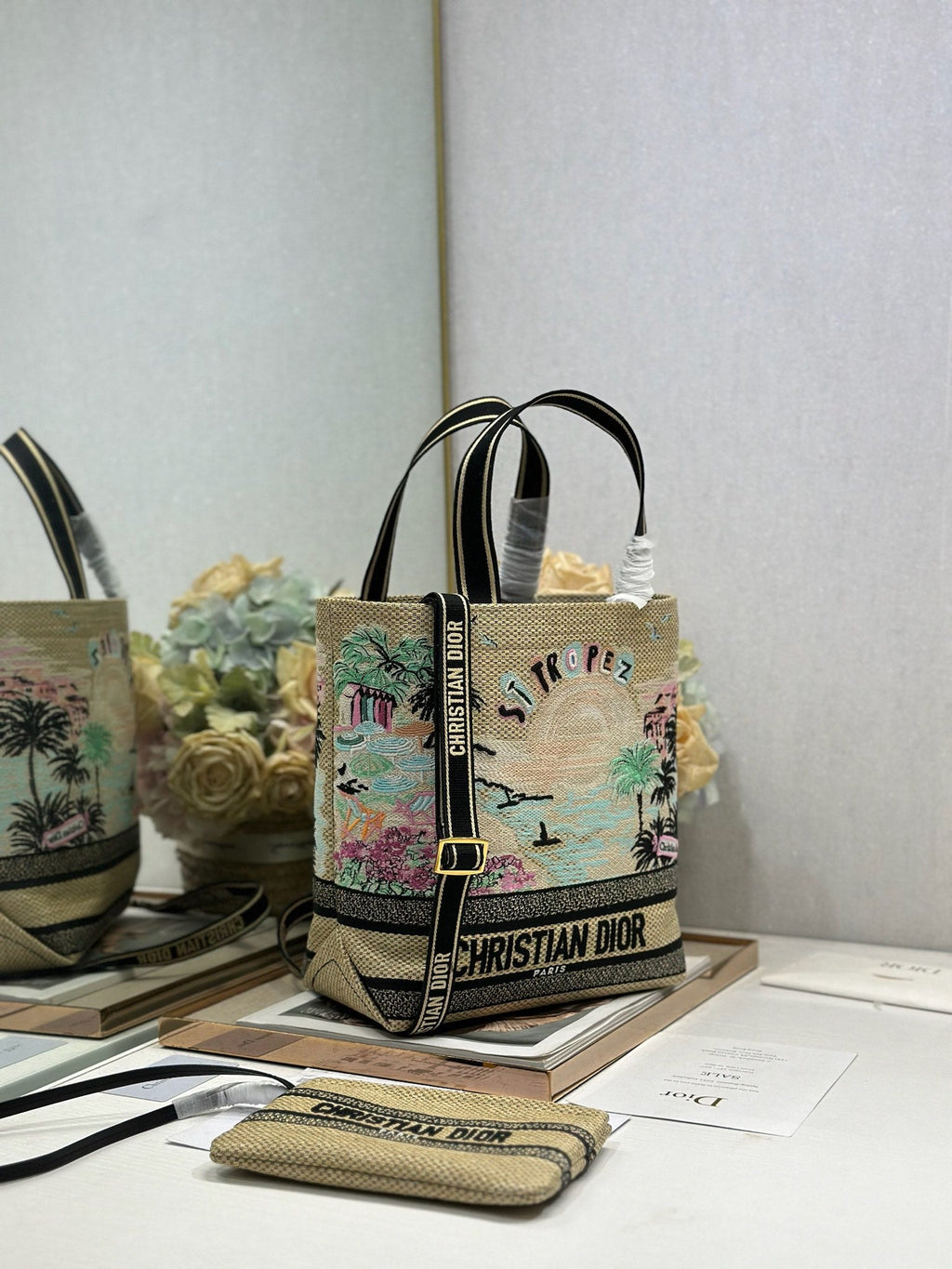 DIOR 26S BOOK TOTE BAG 25 IN MUTICOLOR RAFFIA