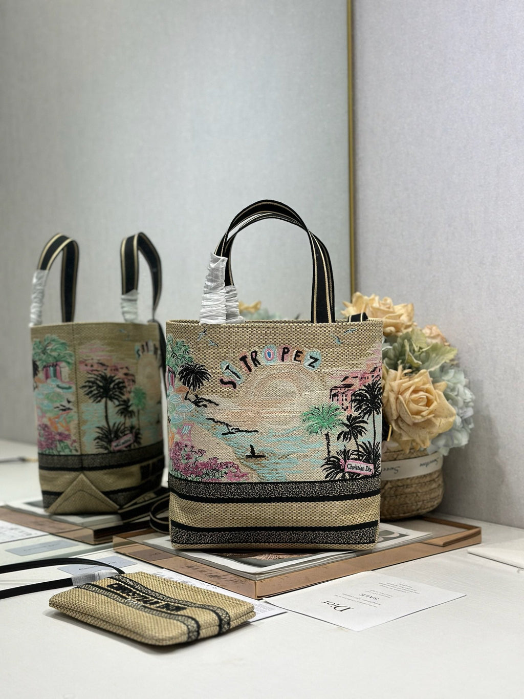 DIOR 26S BOOK TOTE BAG 25 IN MUTICOLOR RAFFIA