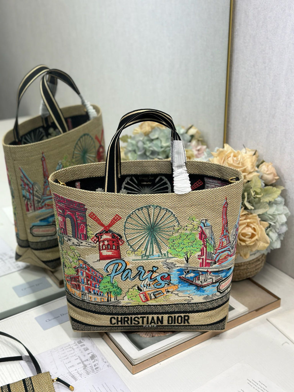 DIOR 26S BOOK TOTE BAG 34 IN MUTICOLOR RAFFIA STYLE 1