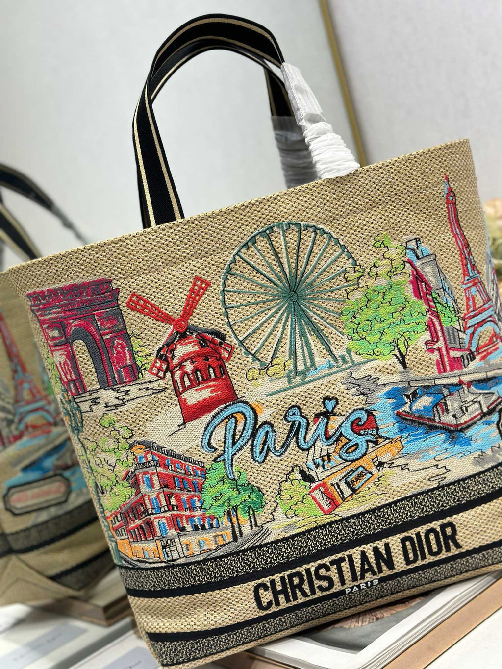 DIOR 26S BOOK TOTE BAG 34 IN MUTICOLOR RAFFIA STYLE 1
