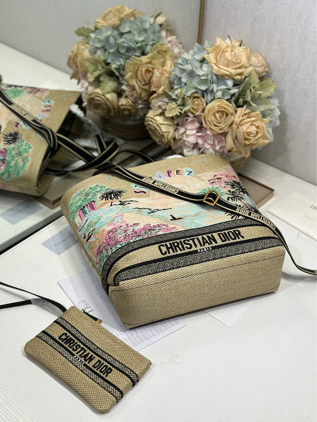 DIOR 26S BOOK TOTE BAG 34 IN MUTICOLOR RAFFIA