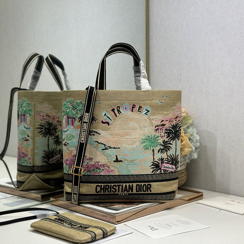 DIOR 26S BOOK TOTE BAG 34 IN MUTICOLOR RAFFIA