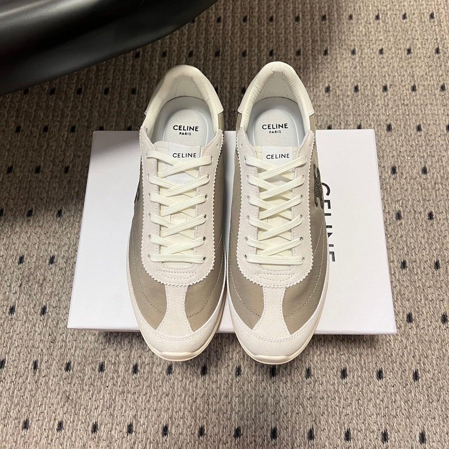 CELINE 26S RACER SNEAKERS IN WHITE SUEDE AND BEIGE GRAY FABRIC