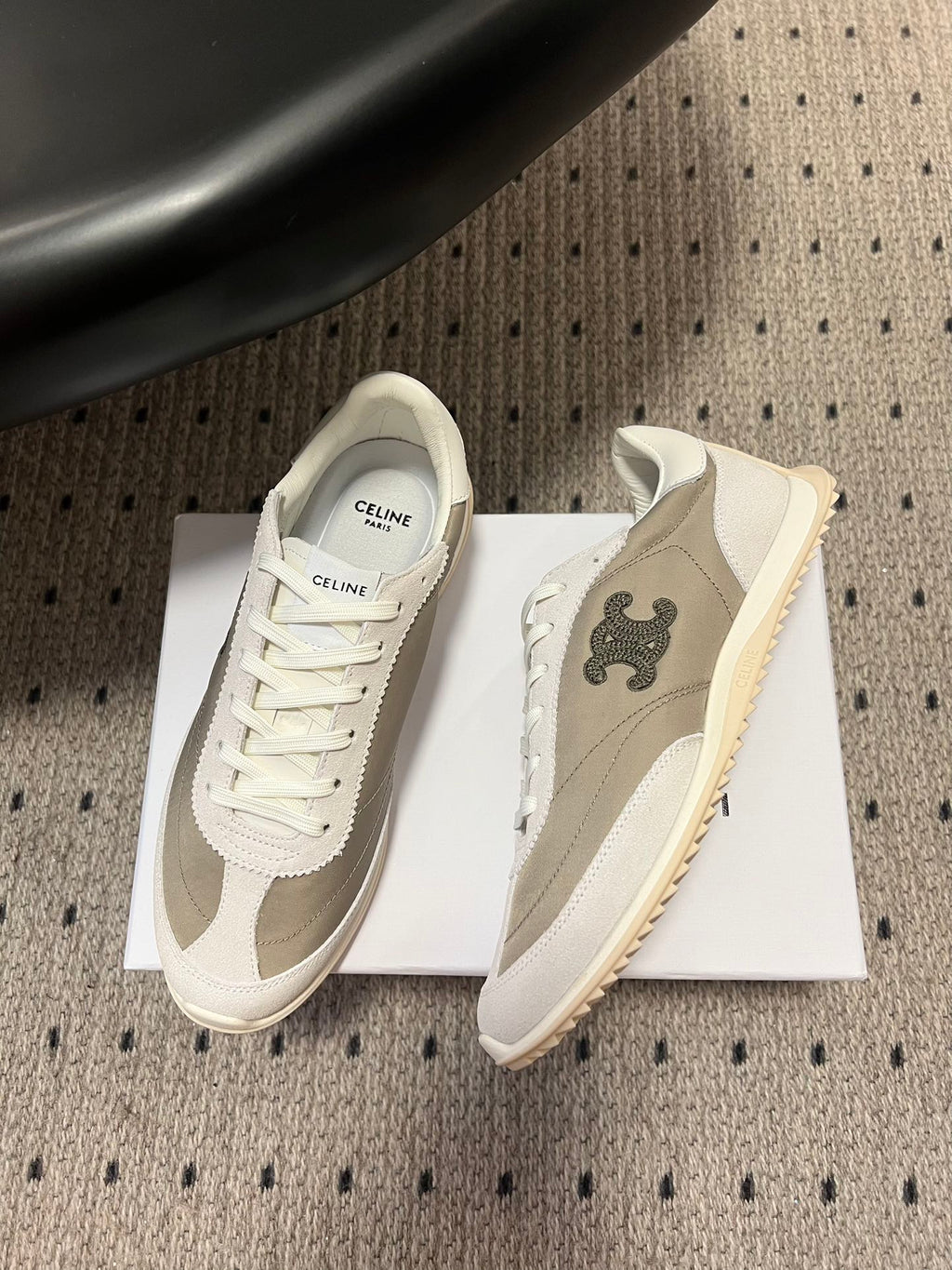 CELINE 26S RACER SNEAKERS IN WHITE SUEDE AND BEIGE GRAY FABRIC