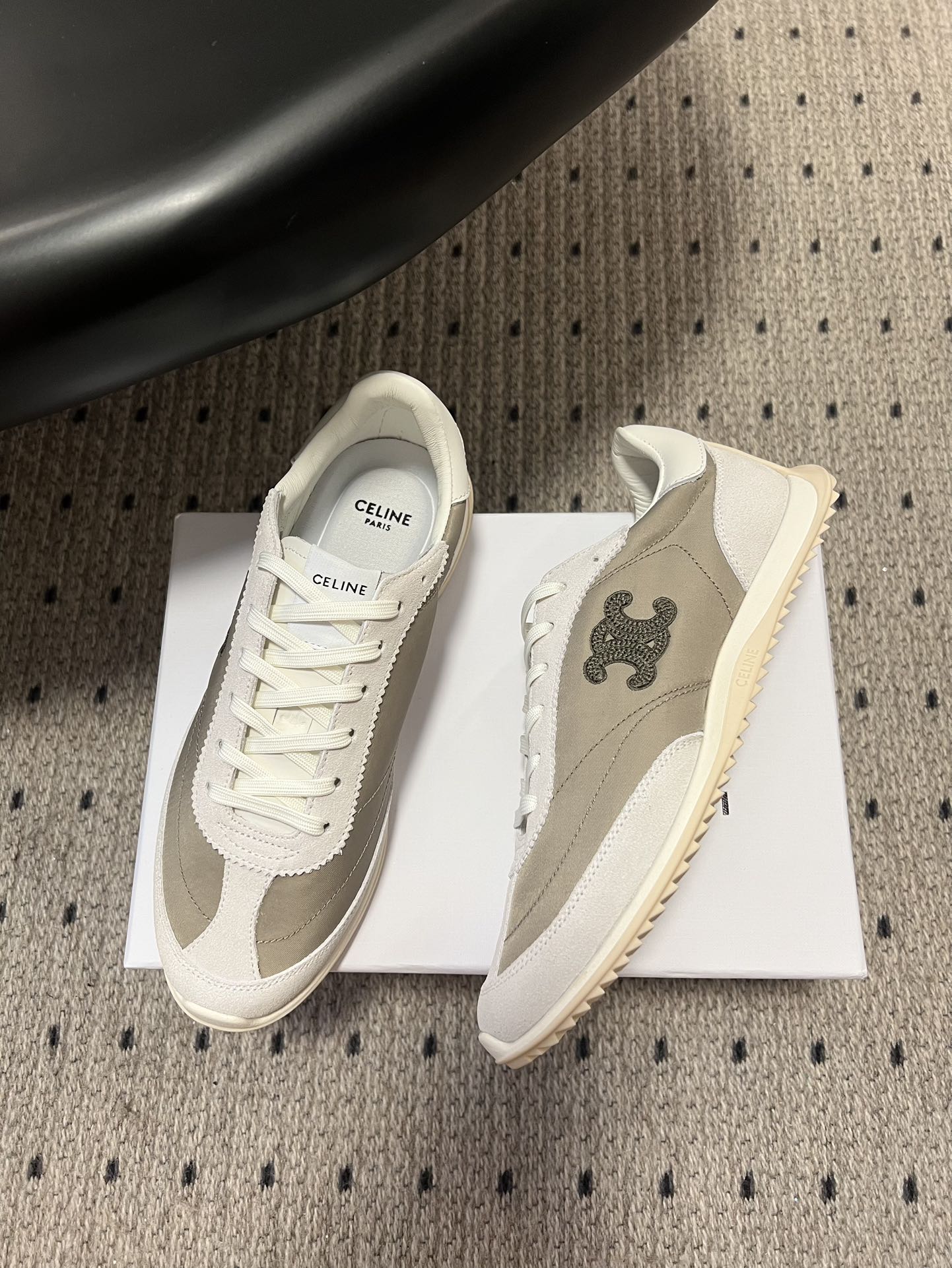 CELINE 26S RACER SNEAKERS IN WHITE SUEDE AND BEIGE GRAY FABRIC