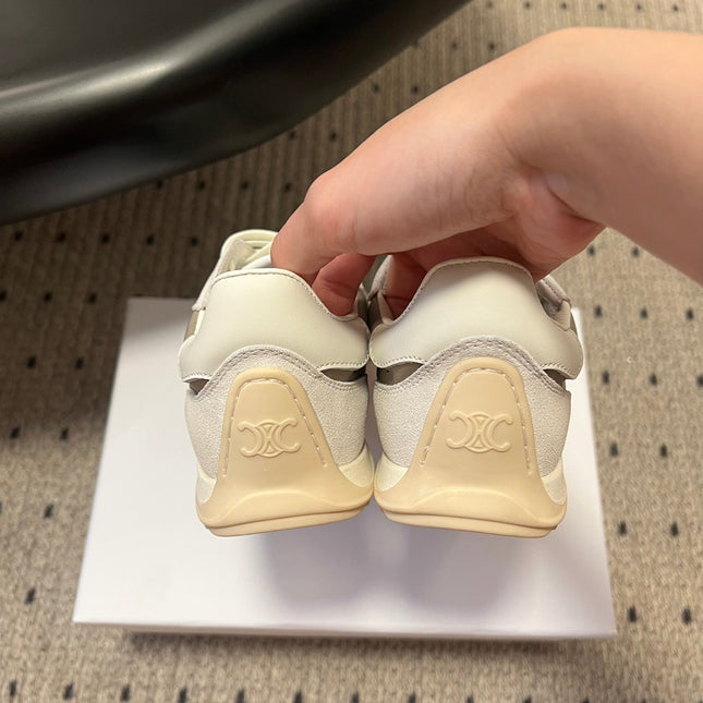 CELINE 26S RACER SNEAKERS IN WHITE SUEDE AND BEIGE GRAY FABRIC