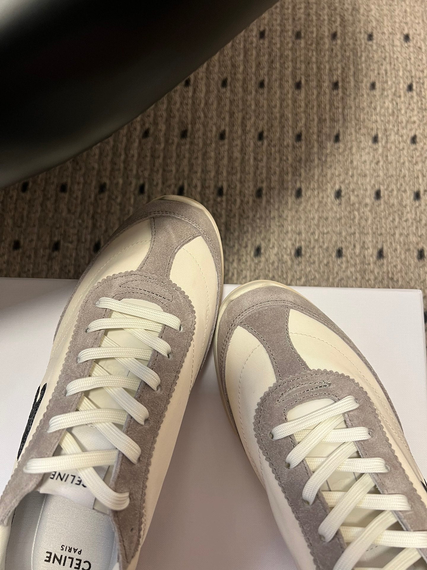 CELINE 26S RACER SNEAKERS IN CREAM WHITE FABRIC AND GRAY SUEDE