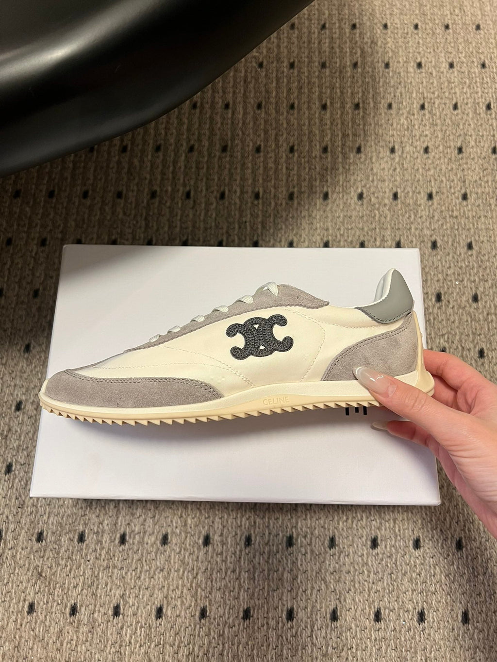 CELINE 26S RACER SNEAKERS IN CREAM WHITE FABRIC AND GRAY SUEDE