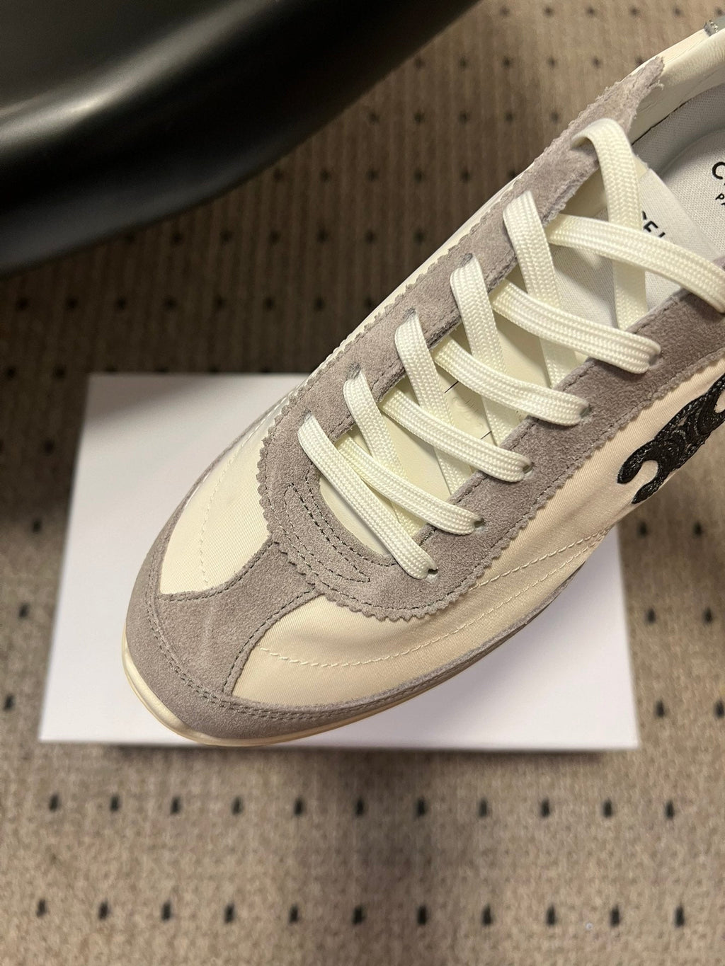 CELINE 26S RACER SNEAKERS IN CREAM WHITE FABRIC AND GRAY SUEDE