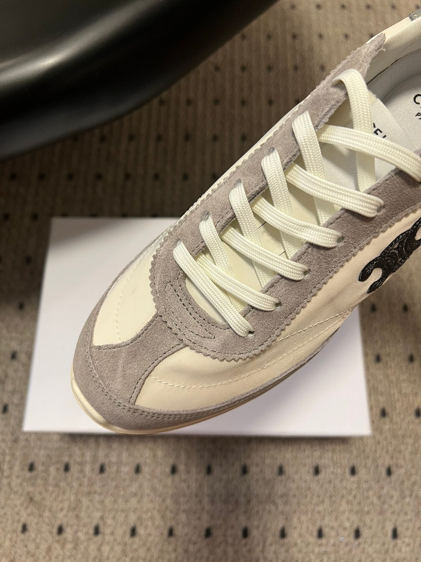 CELINE 26S RACER SNEAKERS IN CREAM WHITE FABRIC AND GRAY SUEDE