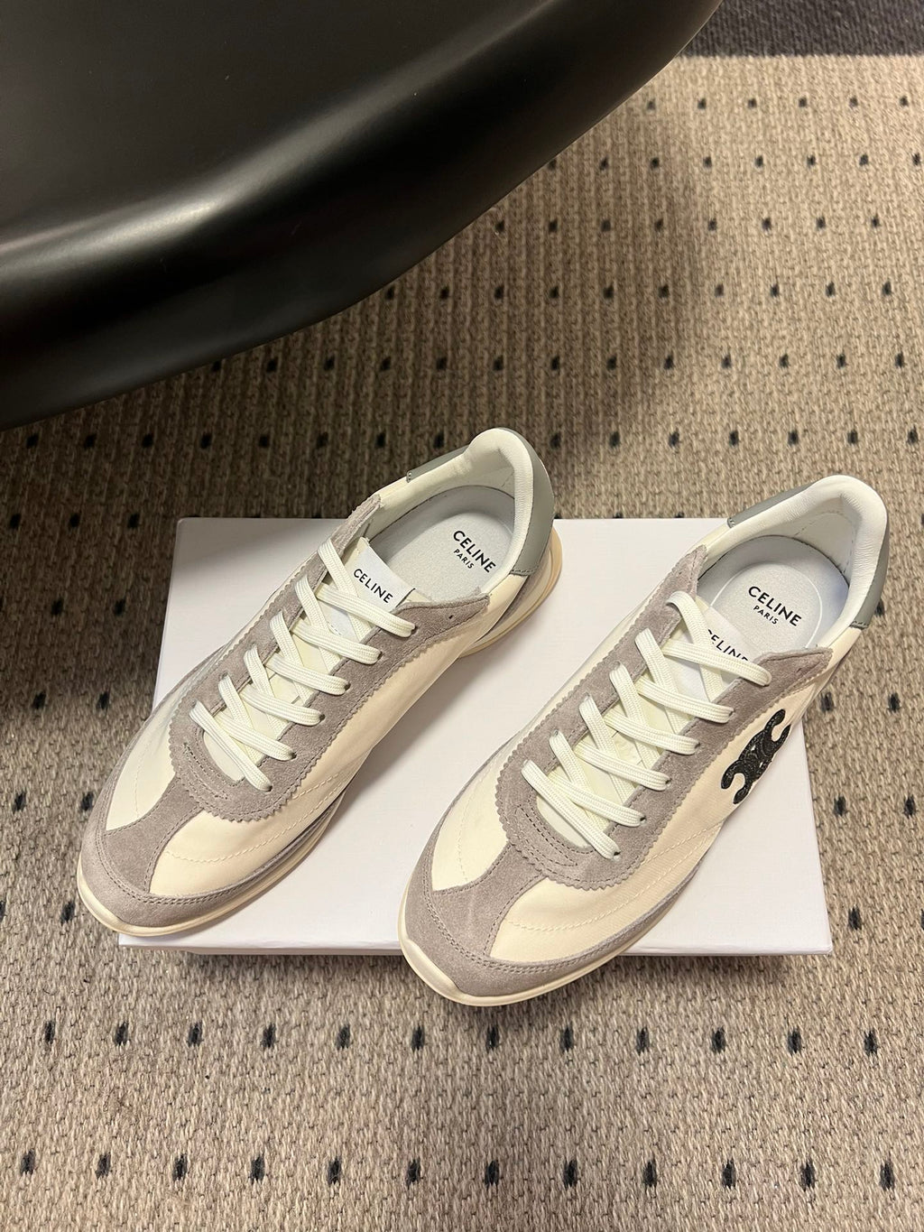 CELINE 26S RACER SNEAKERS IN CREAM WHITE FABRIC AND GRAY SUEDE