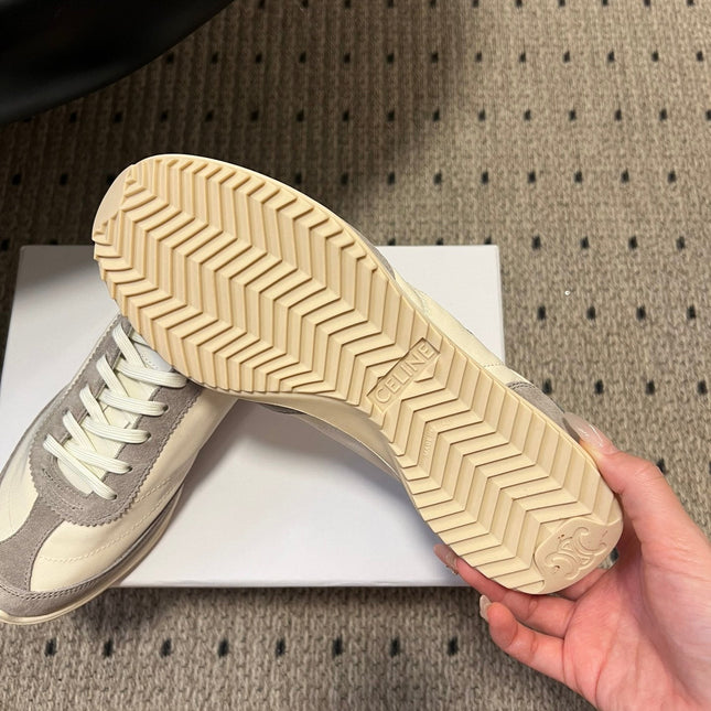 CELINE 26S RACER SNEAKERS IN CREAM WHITE FABRIC AND GRAY SUEDE