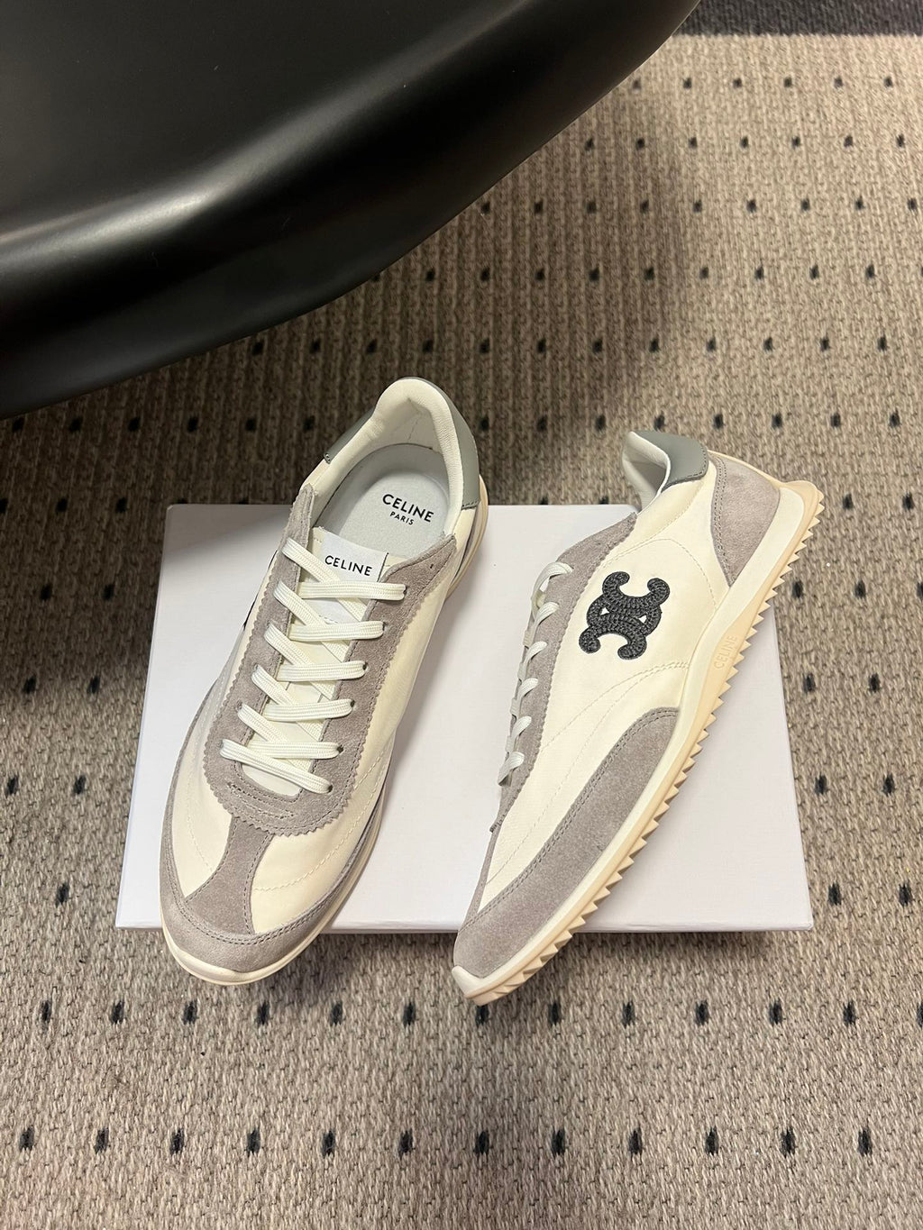 CELINE 26S RACER SNEAKERS IN CREAM WHITE FABRIC AND GRAY SUEDE