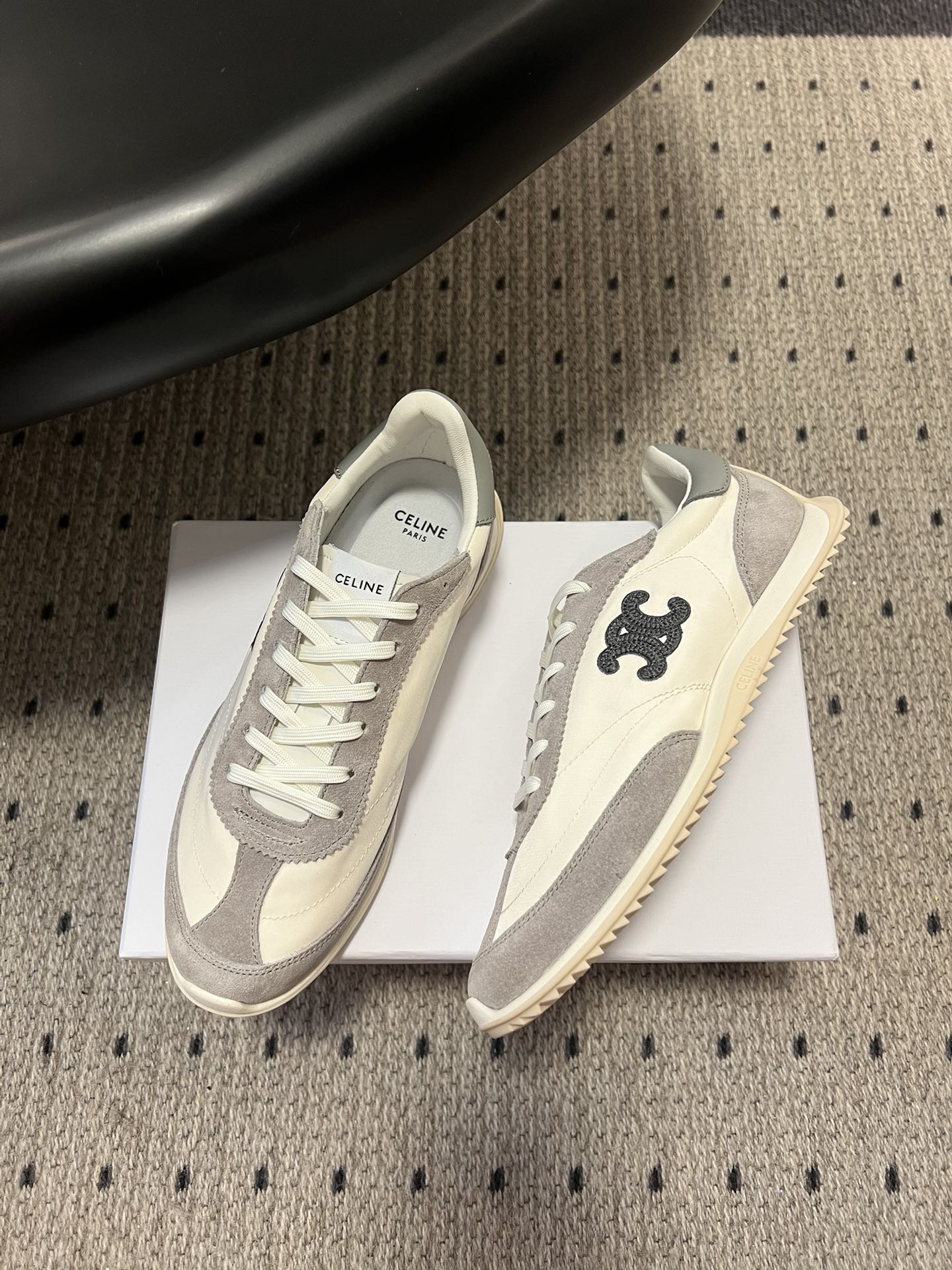 CELINE 26S RACER SNEAKERS IN CREAM WHITE FABRIC AND GRAY SUEDE