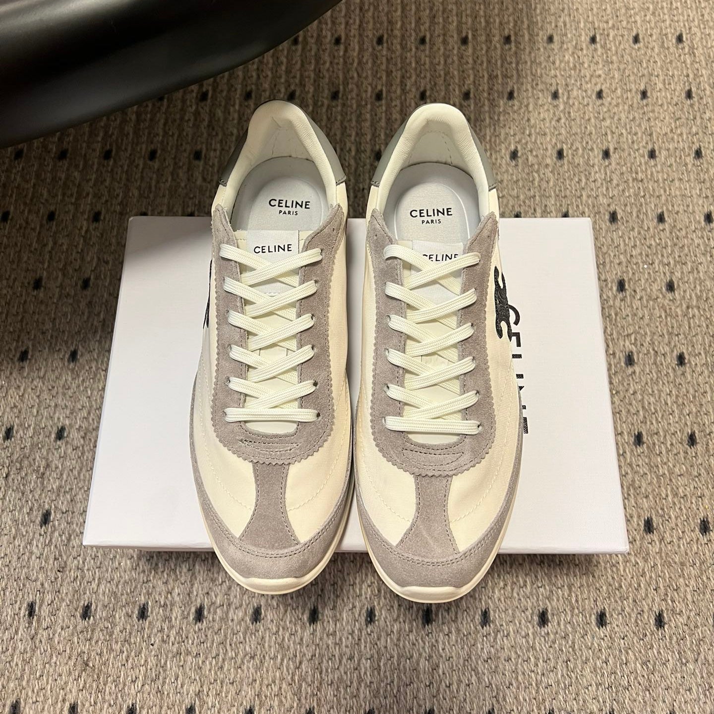 CELINE 26S RACER SNEAKERS IN CREAM WHITE FABRIC AND GRAY SUEDE