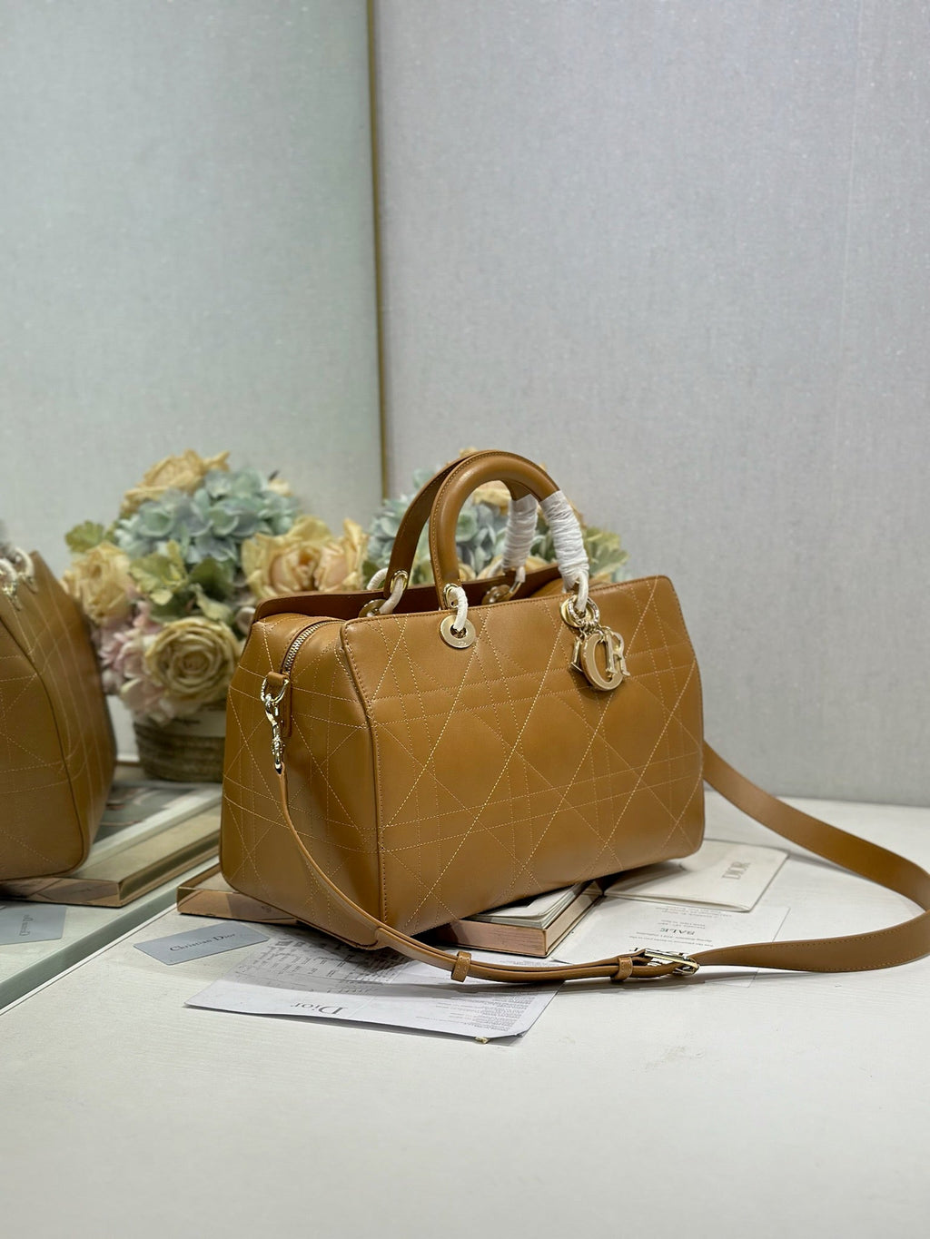 DIOR 26S LADY BAG 34 IN LIGHT BROWN CALFSKIN