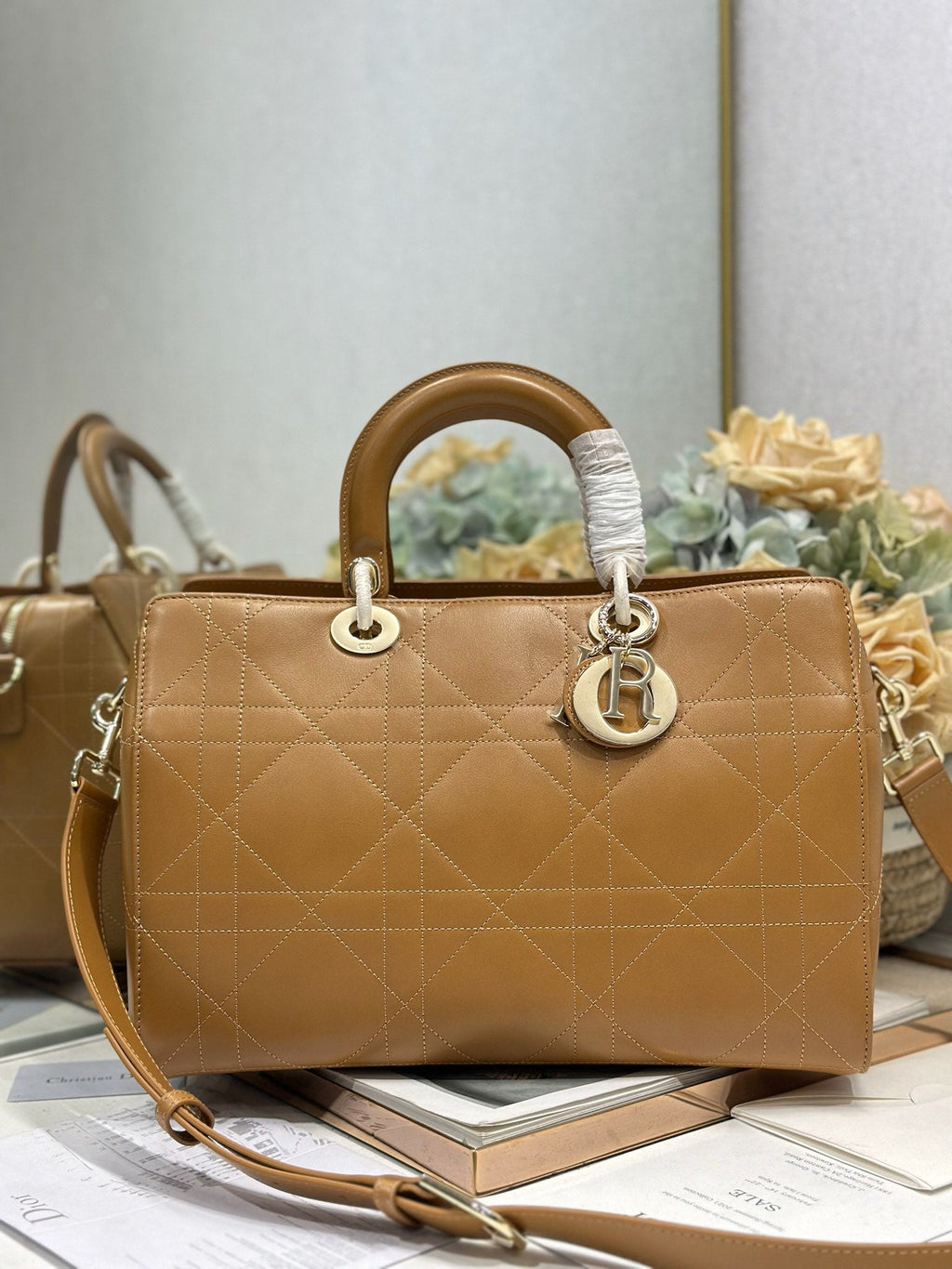 DIOR 26S LADY BAG 34 IN LIGHT BROWN CALFSKIN