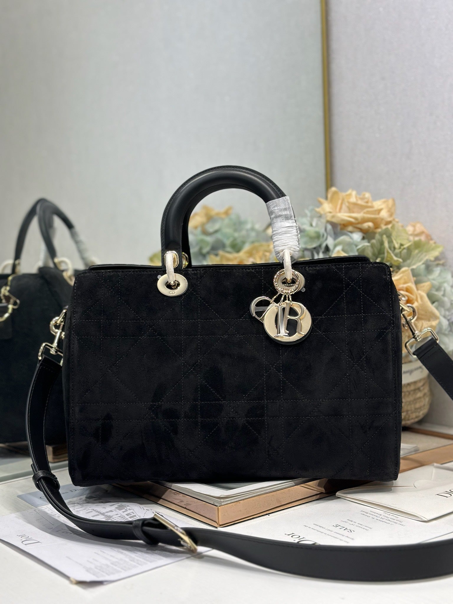 DIOR 26S LADY BAG 34 IN BLACK SUEDE