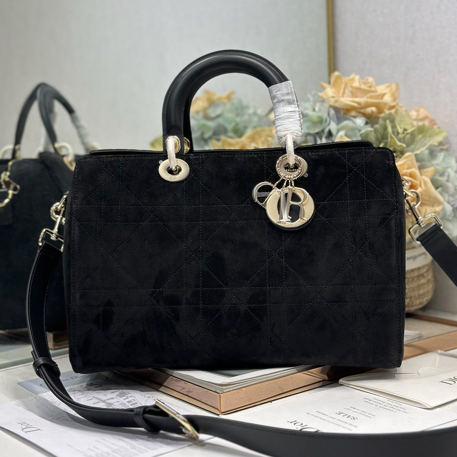 DIOR 26S LADY BAG 34 IN BLACK SUEDE