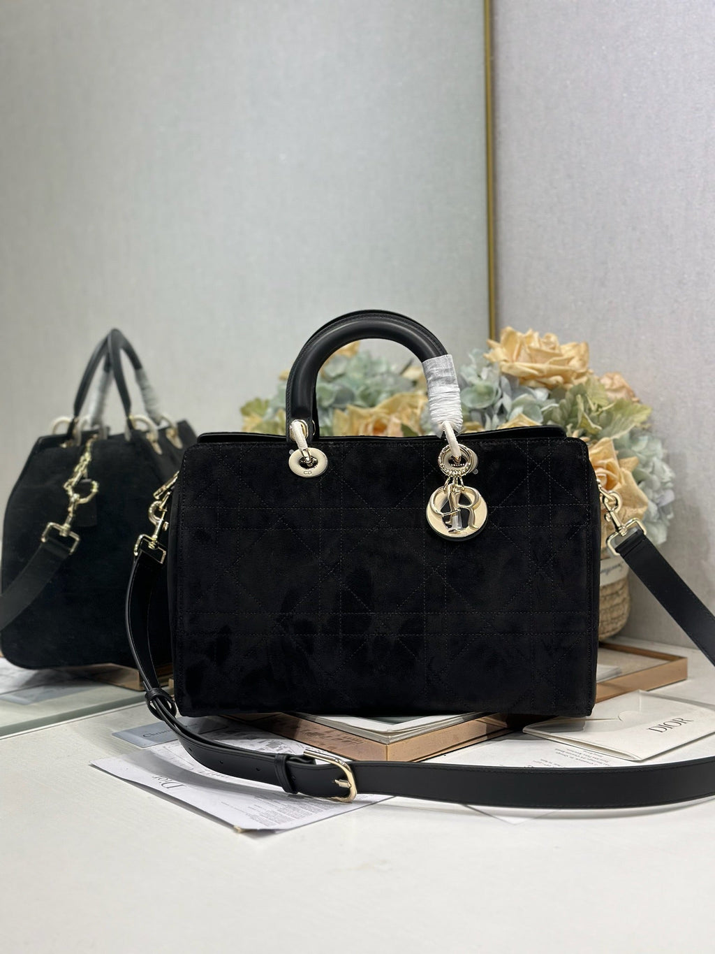 DIOR 26S LADY BAG 34 IN BLACK SUEDE
