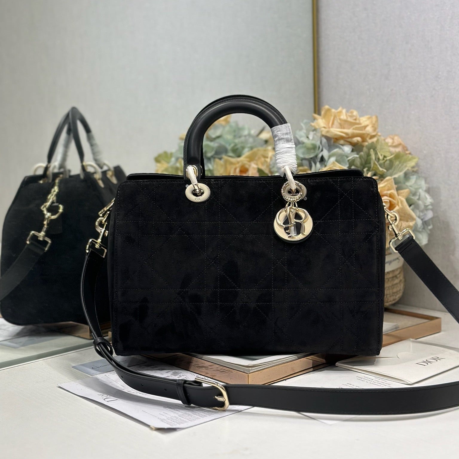 DIOR 26S CANNAGE GRANVILLE BAG 34 IN BLACK SUEDE