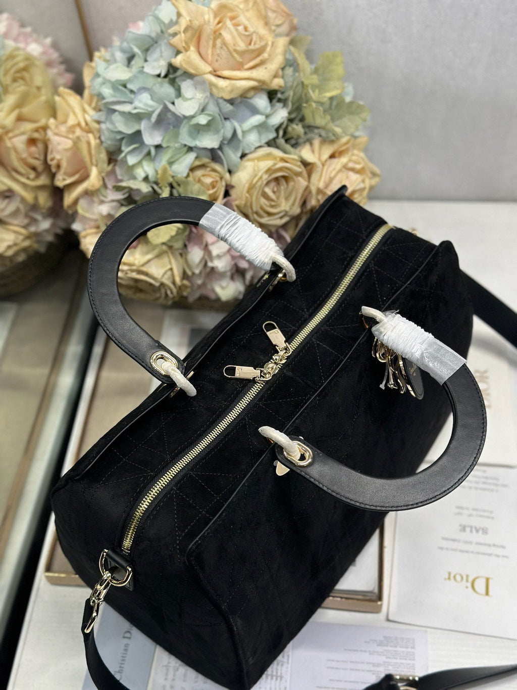 DIOR 26S LADY BAG 34 IN BLACK SUEDE