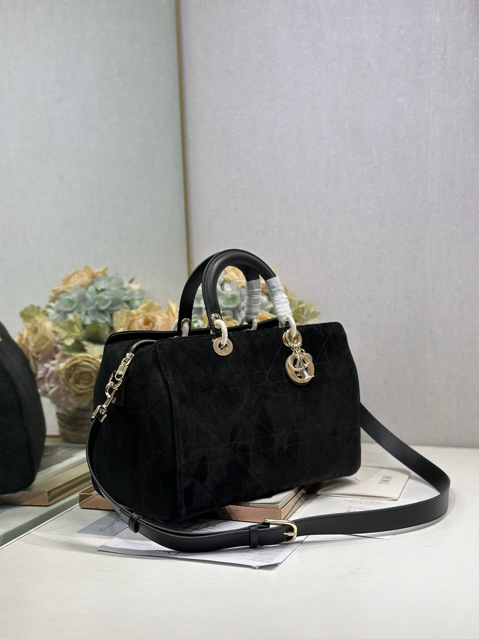 DIOR 26S LADY BAG 34 IN BLACK SUEDE