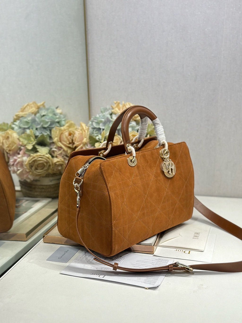 DIOR 26S LADY BAG 34 IN LIGHT BROWN SUEDE