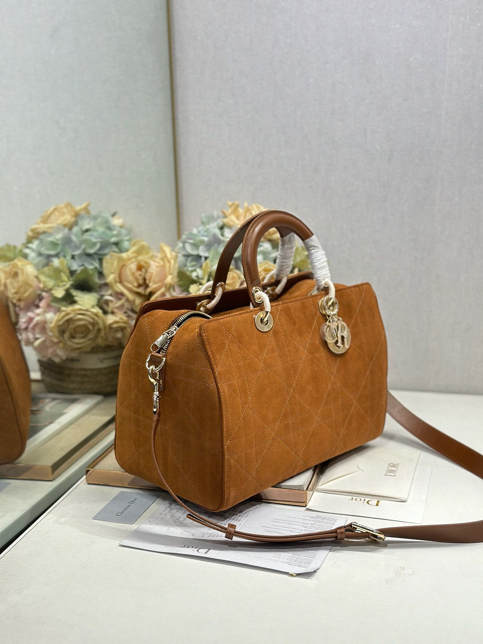 DIOR 26S CANNAGE GRANVILLE BAG 34 IN LIGHT BROWN SUEDE