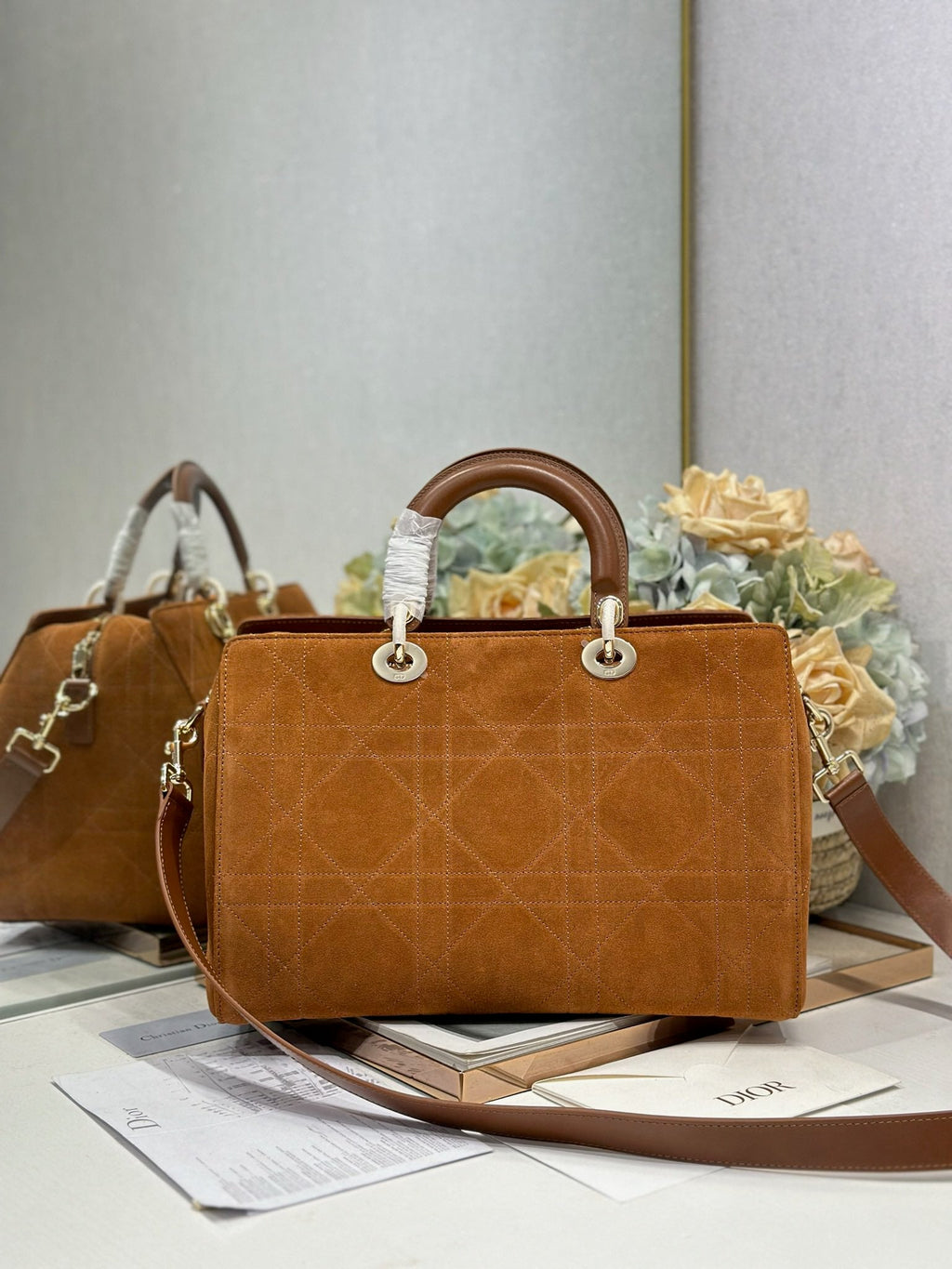 DIOR 26S LADY BAG 34 IN LIGHT BROWN SUEDE