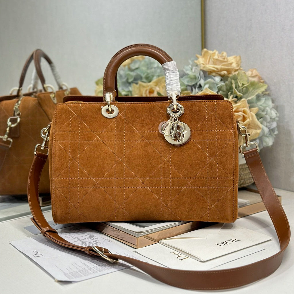 DIOR 26S LADY BAG 34 IN LIGHT BROWN SUEDE