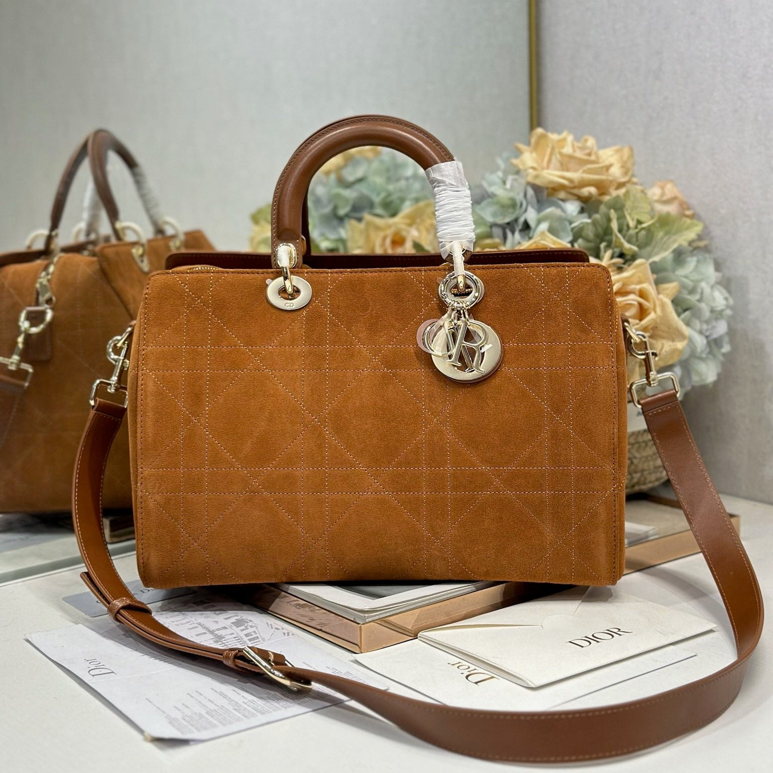 DIOR 26S LADY BAG 34 IN LIGHT BROWN SUEDE