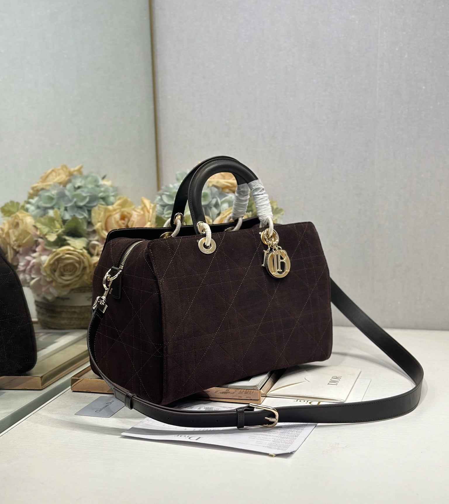 DIOR 26S LADY BAG 34 IN DARK BROWN SUEDE