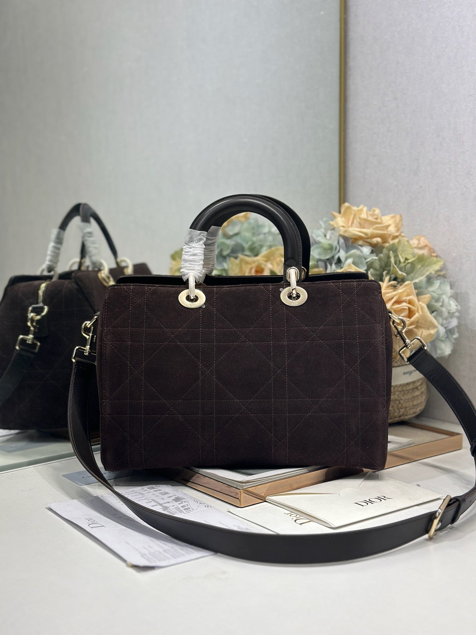 DIOR 26S LADY BAG 34 IN DARK BROWN SUEDE