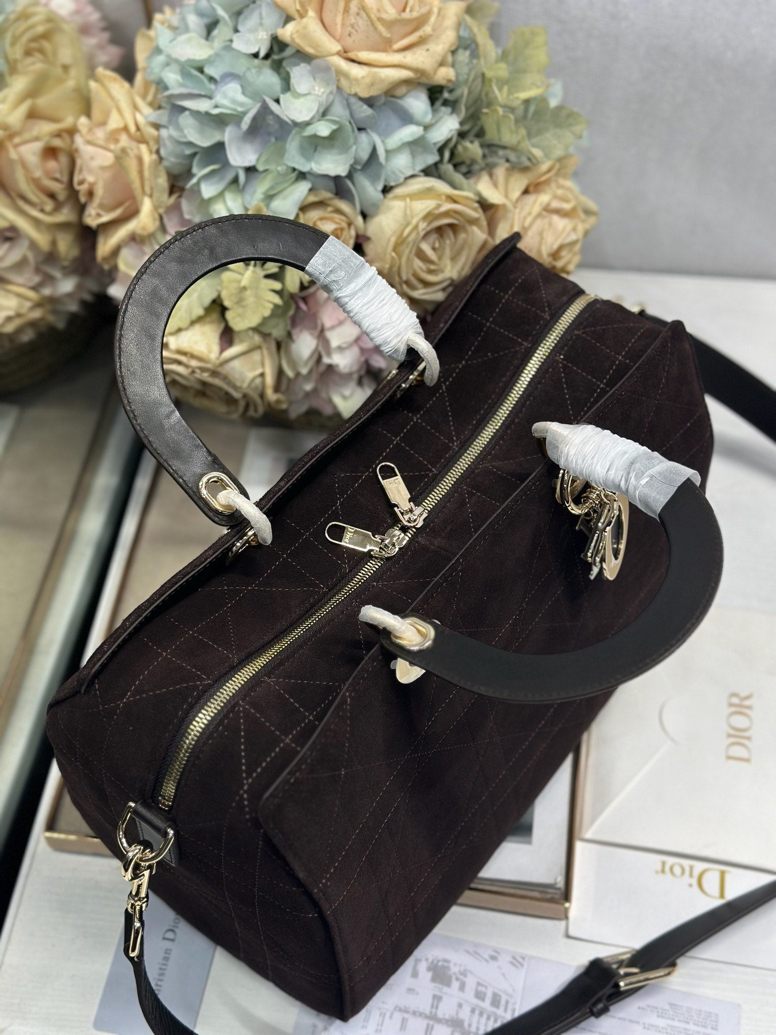 DIOR 26S LADY BAG 34 IN DARK BROWN SUEDE