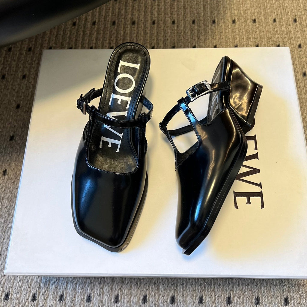 LOEWE 26S ONDA MULE 45MM IN BLACK GLOSSY CALFSKIN